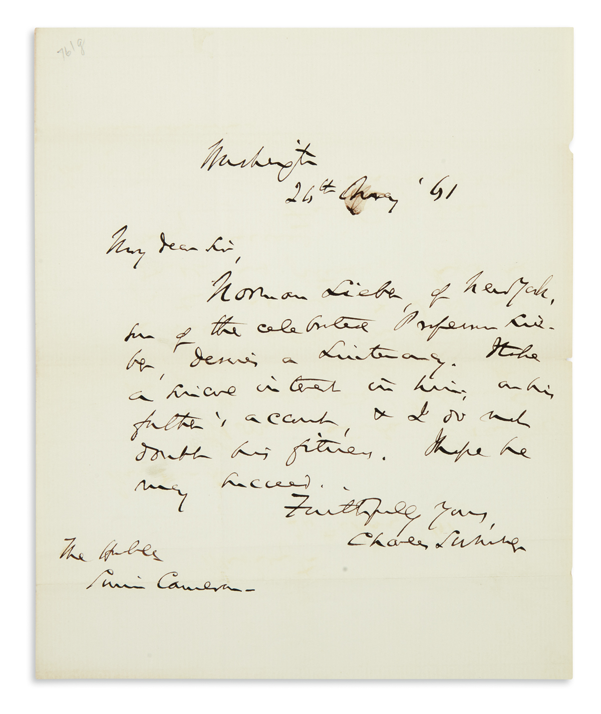 (CIVIL WAR.) CHARLES SUMNER. Autograph Letter Signed, as Senator, to Secretary of War Simon Cameron, recommendin...